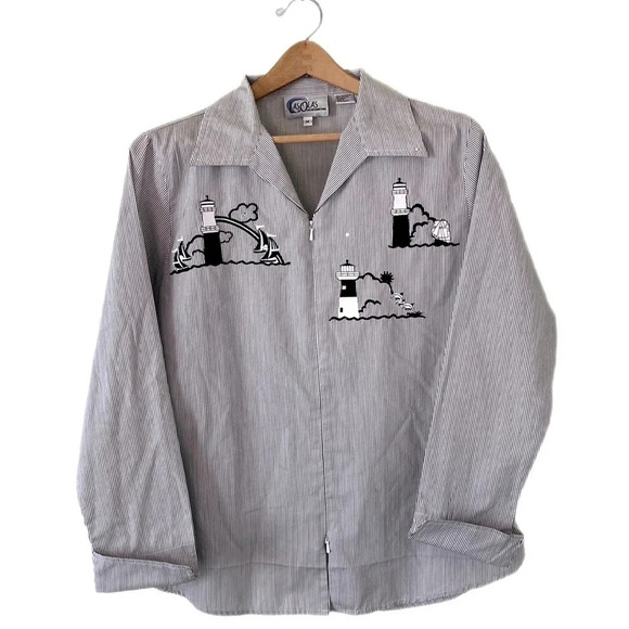 Vintage Light House stitched zip front pinstripe blouse by Las Olas size Medium - Picture 1 of 8